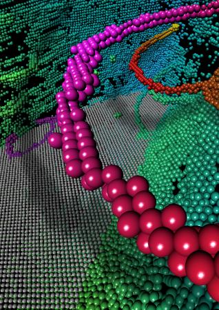 Atomic Strength - A material science team led by Brown University engineers has found that the deformation of nanotwinned metals is characterized by the motion of highly ordered, necklace-like patterns of crystal defects called dislocations.